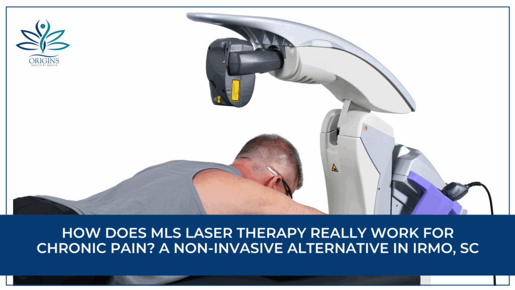 Patient receiving MLS Laser Therapy treatment for chronic pain relief at Origins Health in Irmo South Carolina